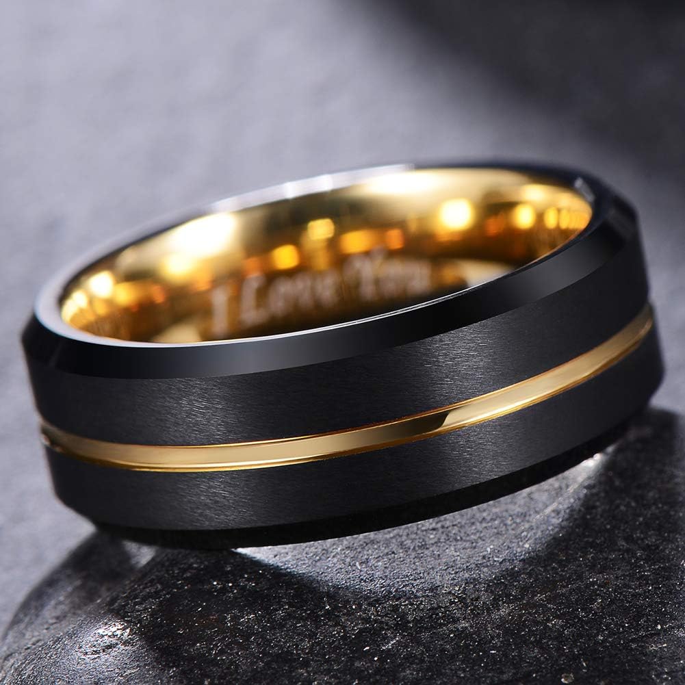 LaurieCinya Tungsten Carbide Ring Men Women Wedding Band Engagement Ring 8mm Comfort Fit Engraved ‘I Love You’ | 