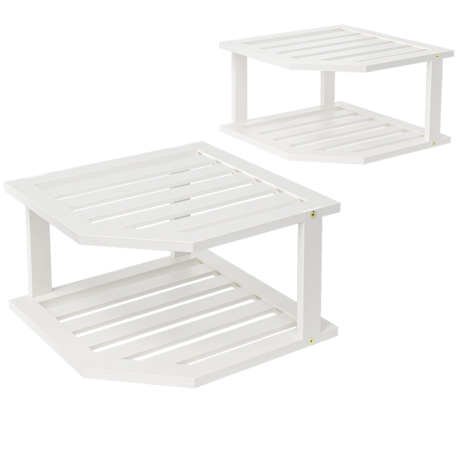 Photo 1 of VERTORGAN Bamboo Corner Shelf(2 Pack),2 Tier Plate Organizer for Cabinet and Countertop,Pantry Dish and Spice Rack for Kitchen(White)