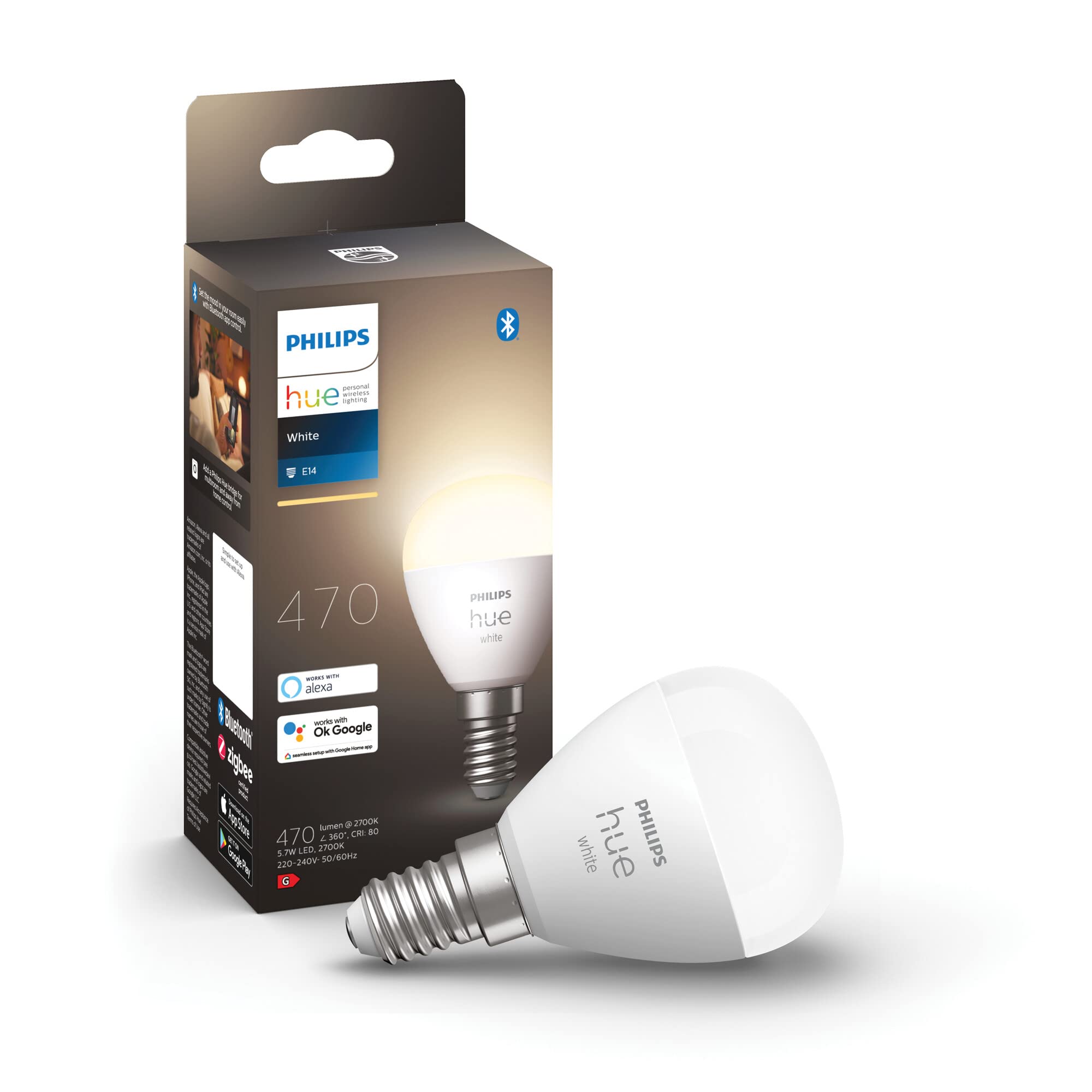 Philips Hue White Smart Light Bulb Lustre [E14 Small Edison Screw] with Bluetooth. Works with Alexa, Google Assistant, Apple Homekit