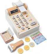 Woet White Wooden Toy Cash Register for Kids with Scanner Card Reader view 4