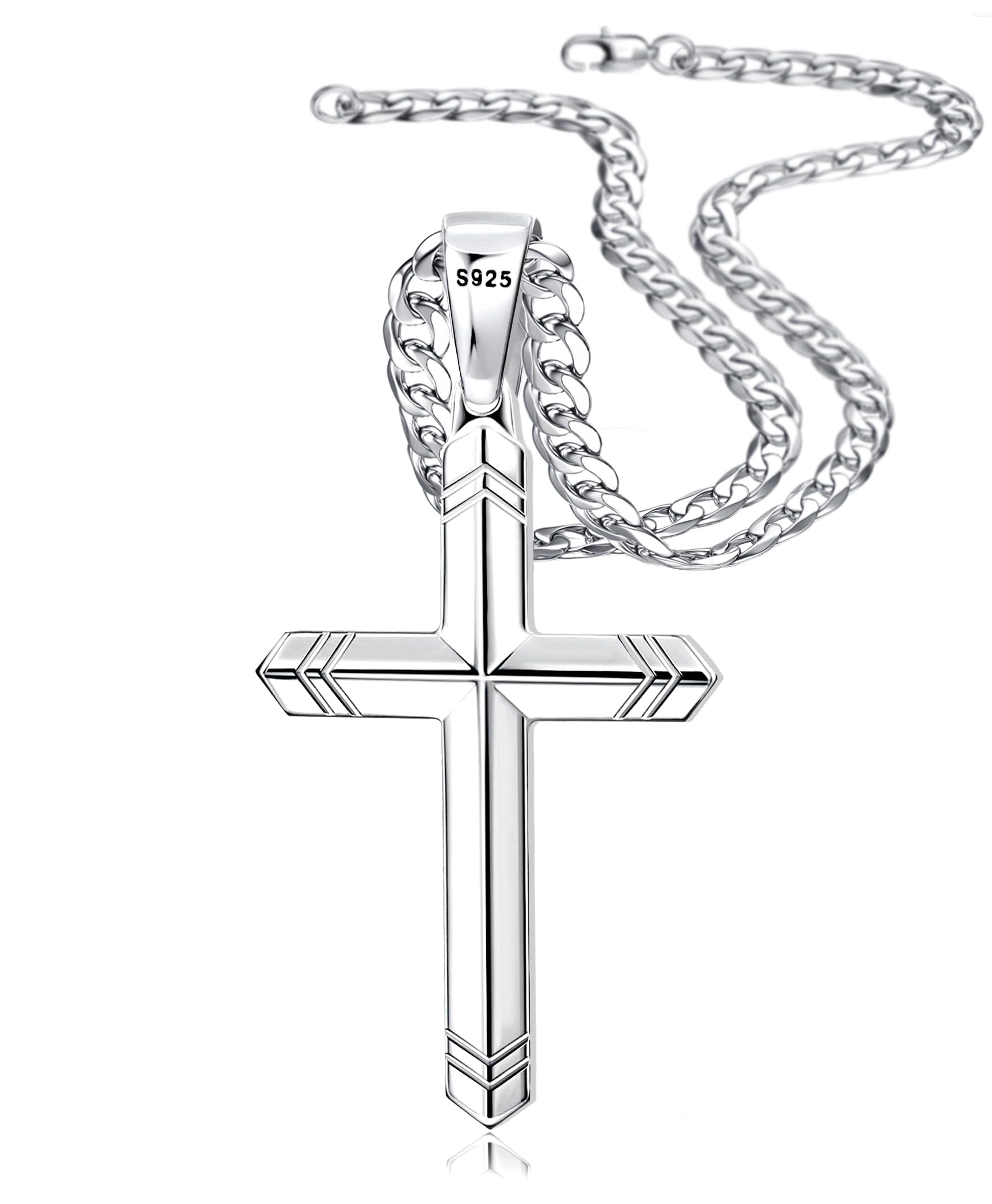 Besteel 925 Sterling Silver Cross Necklace for Men Women, 5MM Durable Stainless Steel Non Tarnish Cuban Link Curb Chain with Silver Cross Pendant, Mens Cross Crucifix Necklaces Jewelry 16-30 Inches