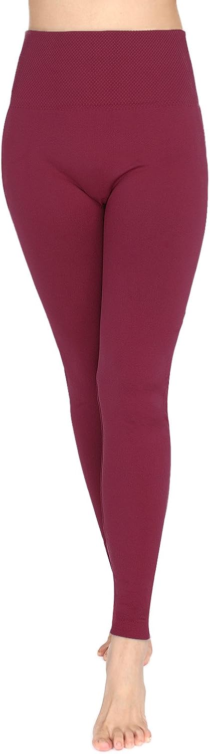 Ypser Warm Fleece Lined Leggings Women High Waist Slimming Compression Tummy Control Wine Red - Image 4