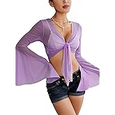 Rave Bell Mesh Crop Top for Women - EDC Festival Long Sleeve Tie Front Sheer Shirt Ruffle Fairycore Blouse Outfits