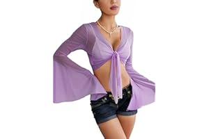 EVELUST Rave Bell Mesh Crop Top for Women - EDC Festival Long Sleeve Tie Front Sheer Shirt Ruffle Fairycore Blouse Outfits