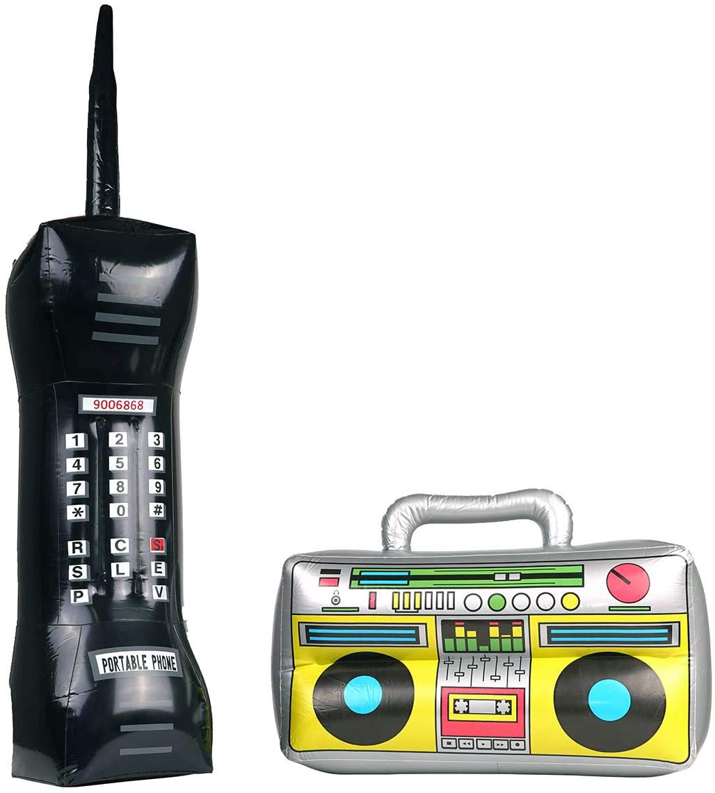 DERAYEE 2 Pieces Inflatable Boom Box and Blow up Retro Mobile Phone 80s 90s Party&Fancy Dress Accessories for Men Women