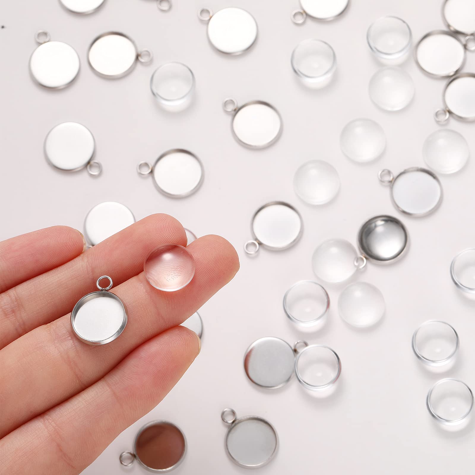 Hicarer 200 Pieces 12 mm Stainless Steel Round Blank Bezel Set, Including 100 Pendant Trays 100 Glass Cabochon Trays Pendant Blanks for Jewelry Making DIY Findings
