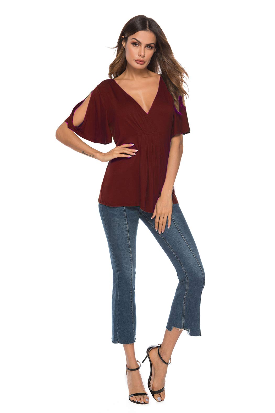 Eanklosco V Neck Shirts Womens Sexy Short Sleeve Cold Shoulder Tops Unique Ruffle Front Side Slit T Shirts (M, Wine Red)