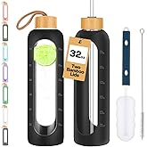 Borosilicate Glass Water Bottles 32 oz, Motivational water bottle with Silicon Sleeve, Glass drinking bottle with 2 bamboo lids & Straw, Time Marker for Daily Hydration, Leak Proof, BPA Free - Black