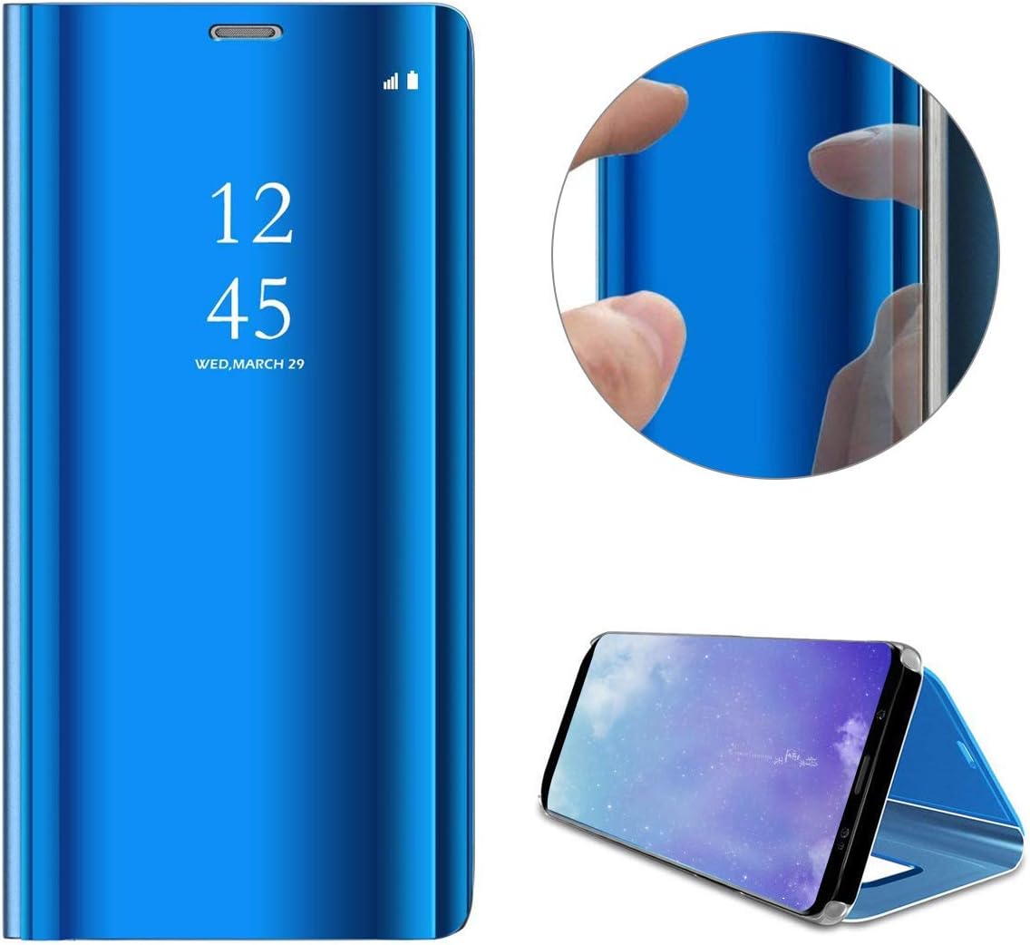 Artfeel Mirror Case Compatible with Samsung Galaxy A71,Leather Blue Phone Protective Cover,Slim Hard Flip Shockproof Case Kickstand Function Make Up Mirror Clear Case