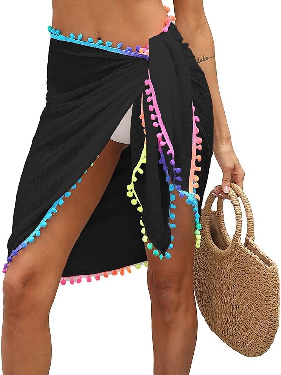 Qtinghua Women Sexy Beach Wrap Skirt One Piece Mesh Tassel Swimsuit