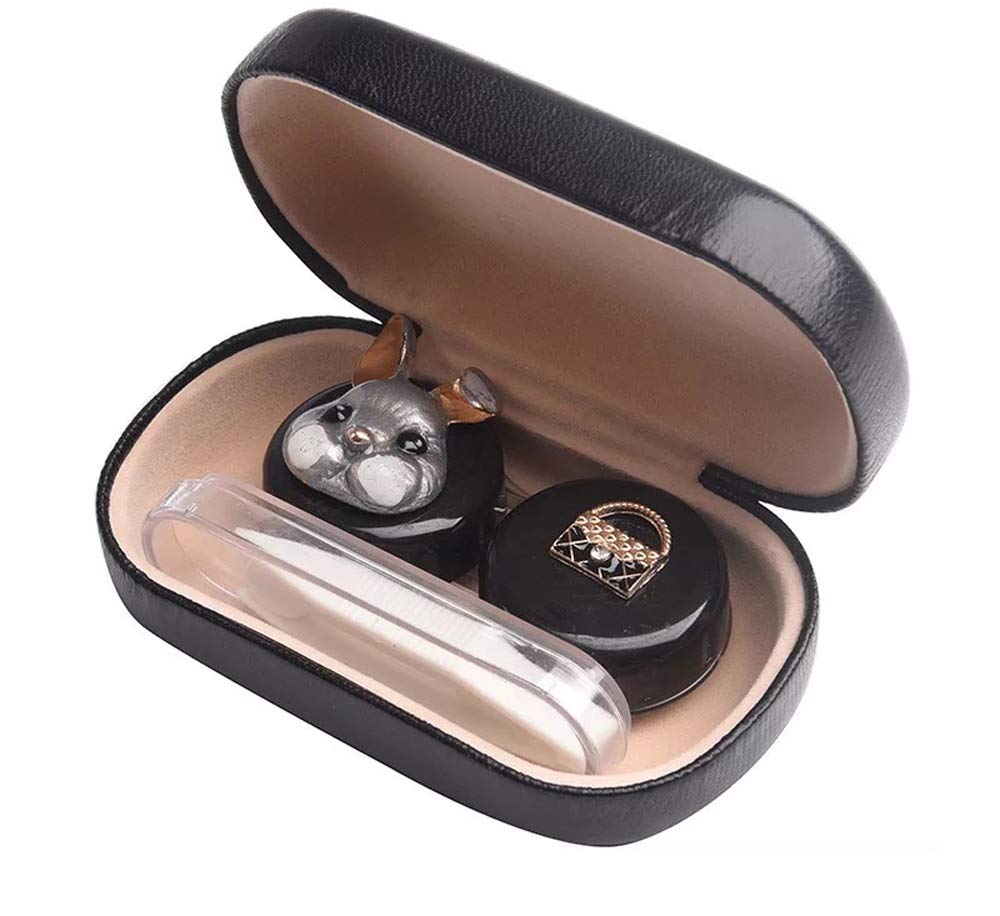 Rain House Cute Contact Lens Cases, Cat, Fox, Rabbit & Perfume Patterns, Black Case Rabbit, Portable Pink Holder with Tweezers for Travel Kit
