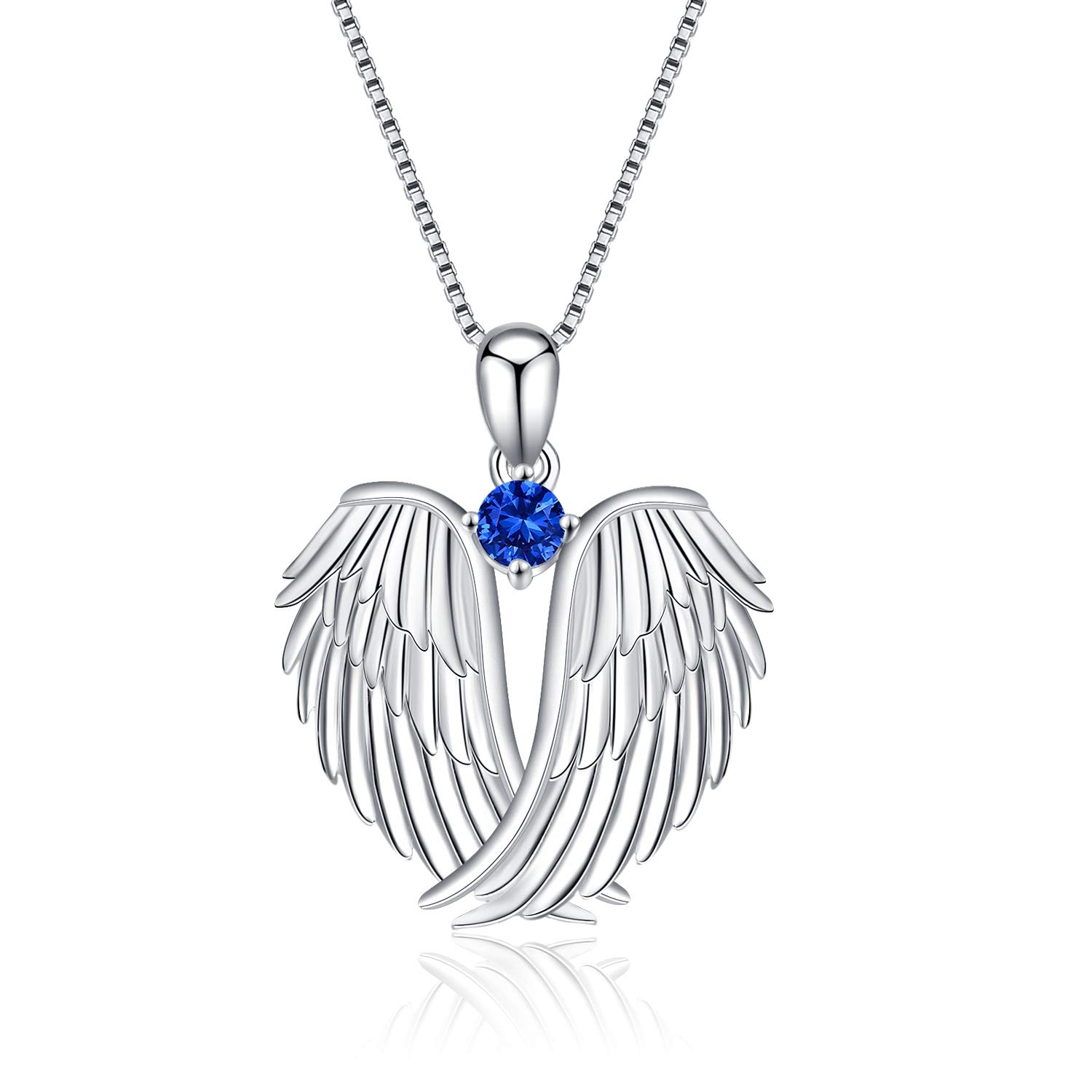 VONALA Guardian Angel Wings Necklace Sterling Silver Pendant with Sparkle Cubic Zirconia Jewellery For Women Girls Birthday Gift Birhstone September
