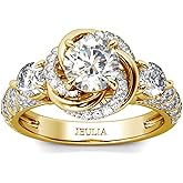 Jeulia 3ct Halo Simulated Diamond Engagement Rings 925 Sterling Silver Yello Gold Plated Eternity Band Rings Cubic Zirconia Anniversary Promise with Jewelry Gift Box