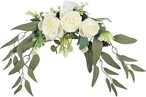MOTUZP 15.7inch Floral Swag, White Mixed Spring Floral Sw Door Lintel Decorative Swag, Wedding Arch Flower for Home Garden Decor Home Garden Decor with Peony Flowers and Eucalyptus Leaves, Front