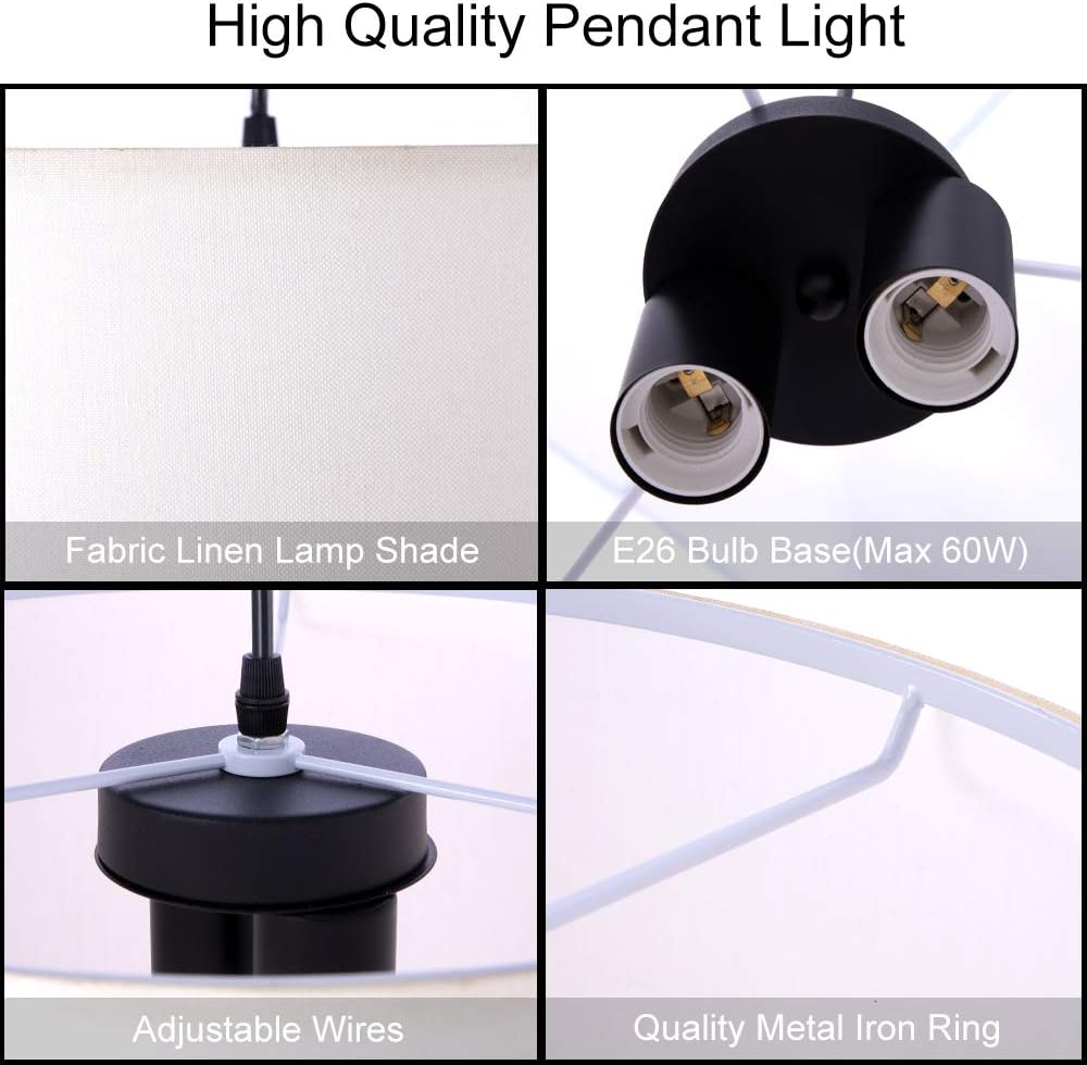 Wellmet 15.8 Inch Drum Pendant Light, 2 Lights Modern Pendant Chandelier, Hanging Ceiling Light Fixture Perfect for Dining Room and Kitchen, Berkshire White - - 