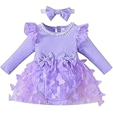 Newborn Baby Girls Butterfly Dress Long Sleeve Romper Princess Tulle Tutu Dress +Headband 2PCS First Birthday Fall Outfit
