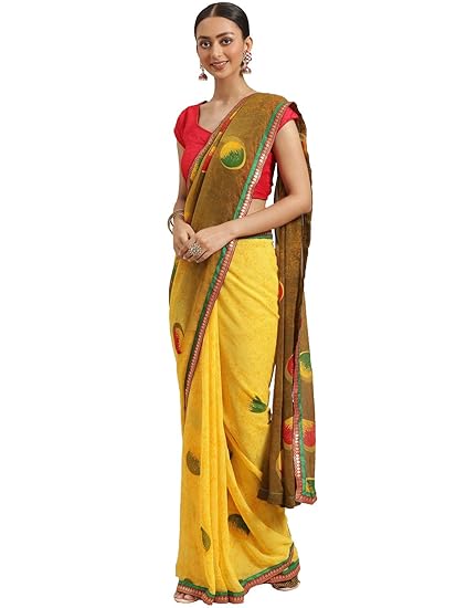 Womens Georgette Floral Print with Lace Border Saree