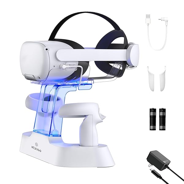 NEXIGO ENHANCED CHARGING DOCK WITH LED LIGHT [ON/OFF] FOR OCULUS QUEST 2, [SUPPORT ELITE STRAP WITH BATTERY], HEADSET DISPLAY HOLDER AND CONTROLLER MOUNT, 2 RECHARGEABLE BATTERIES, USB-C CHARGER