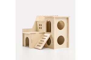 Xiylon Multi-Chamber Hamster Hideout & House, Natural Wood Small Animal Cage Accessories for Dwarf Hamsters, Gerbils and Mice – Ventilated Design with Structure