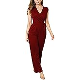 HugeNice Women's Casual Jumpsuits Sexy Wrap V Neck Belted Loose Wide Leg Long Pants Clubwear Romper