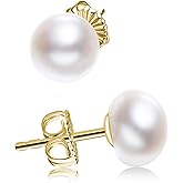 JORA Sterling Silver White Button Freshwater Cultured Pearl Stud Earrings for Women Gift