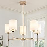 WASJEENN 23.62" Modern Dining Room Light Fixture 5-Lights Farmhouse Gold Chandelier with White Fabric Shade Rustic Light Fixt