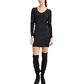 Women's Sparkly Slim Long-Sleeve Velvet V-Neck Black Mini Party Club Dress