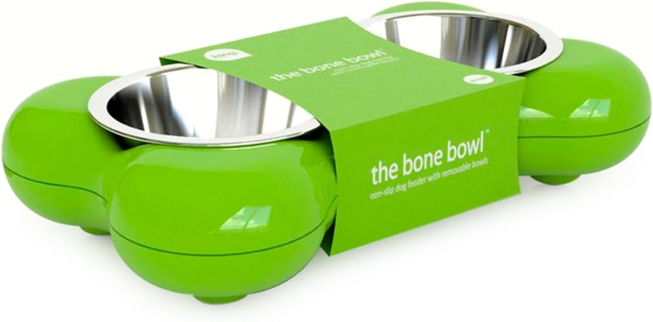Hing Designs The Bone Bowl with Non Slip Rubber Feet and Dishwasher Safe Removable Stainless Steel Bowls, Green