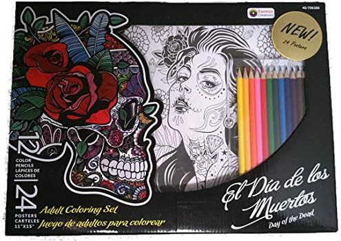 Day of The Dead Adult Coloring Art Set with 24 Posters and 12 Colored Pencils, Dia de Los Muertos