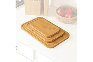 KitchenEdge Bamboo Wood Cutting Board Set of 3, Juice Groove and Non-Slip Rubber Feet, Thick Wood Trays for cheese, vegetable