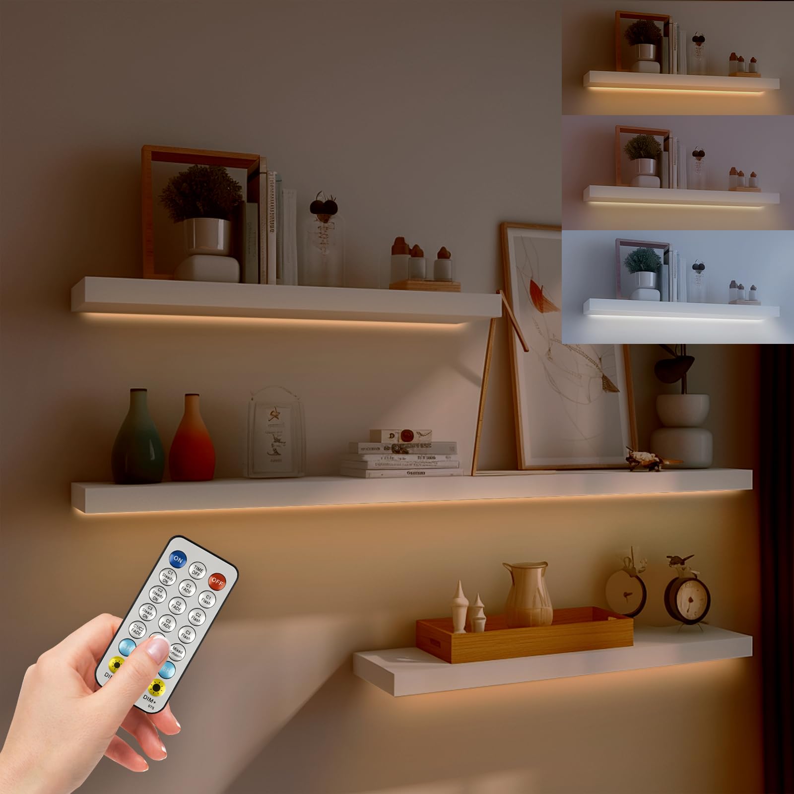 Photo 1 of Under Cabinet Lights Wireless Battery Powered, Led Strip Lights with Remote, 20 inch Shelf Closet Lights Dimmable, 3 Color Tems &12 Modes Cabinet Lighting for Shelves Drawer Wardrobe Hallway