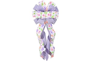 LANGFON Long Easter Wreath Bows, White Purple Easter Eggs Pattern Spots Burlap Bows for Wreaths - Large Easter Burlap Tree Topper Bows for Holiday Front Door Wreath Decorations Indoor Outdoor