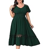 HICISI Plus Size Summer Dress V Neck Smocked High Waist Flowy A-Line Lace Trim Boho Wedding Guest Dress
