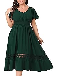HICISI Plus Size Summer Dress V Neck Smocked High