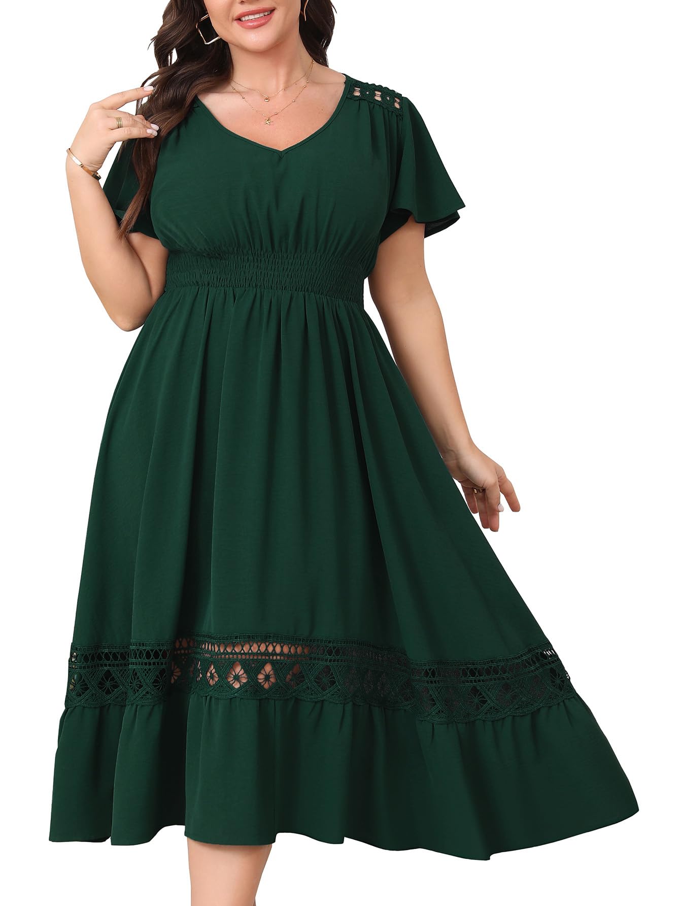HICISI Plus Size Summer Dress V Neck Smocked High