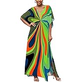 IMAGEKOPE Moroccan Print V-Neck Batwing Kaftan Women's Plus Size Loose Fit Beach Dress Bathing Suit Cover Up Loungewear