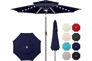 AckMizz 9ft Solar Umbrella Outdoor - Double Top Lighted Patio Umbrella with 40 LED Lights Waterprool Uv Protection, Table Umbrella with Tilt & Crank for Pool, Porch, Garden, Backyard(Dark Blue)