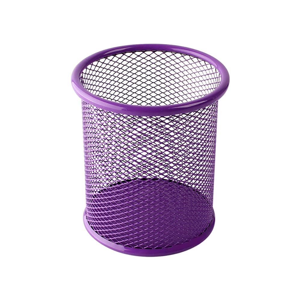 HugeDE Pen Holder Cup Metal Mesh Pencil Holder Desk Pencil Cup Round Pen Organizing Cup Office Pen Organizer Cute Pencil Organizer for School Purple