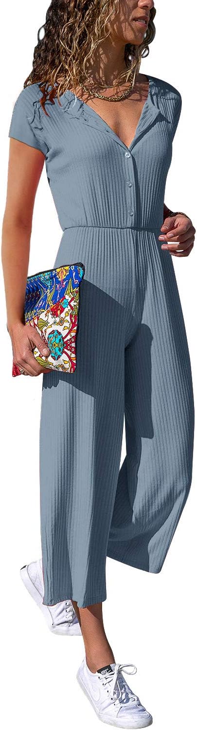 Cassiecy Women's Elegant Long Sleeve V Neck Jumpsuit Loose Casual Wide Leg Long Romper Playsuit