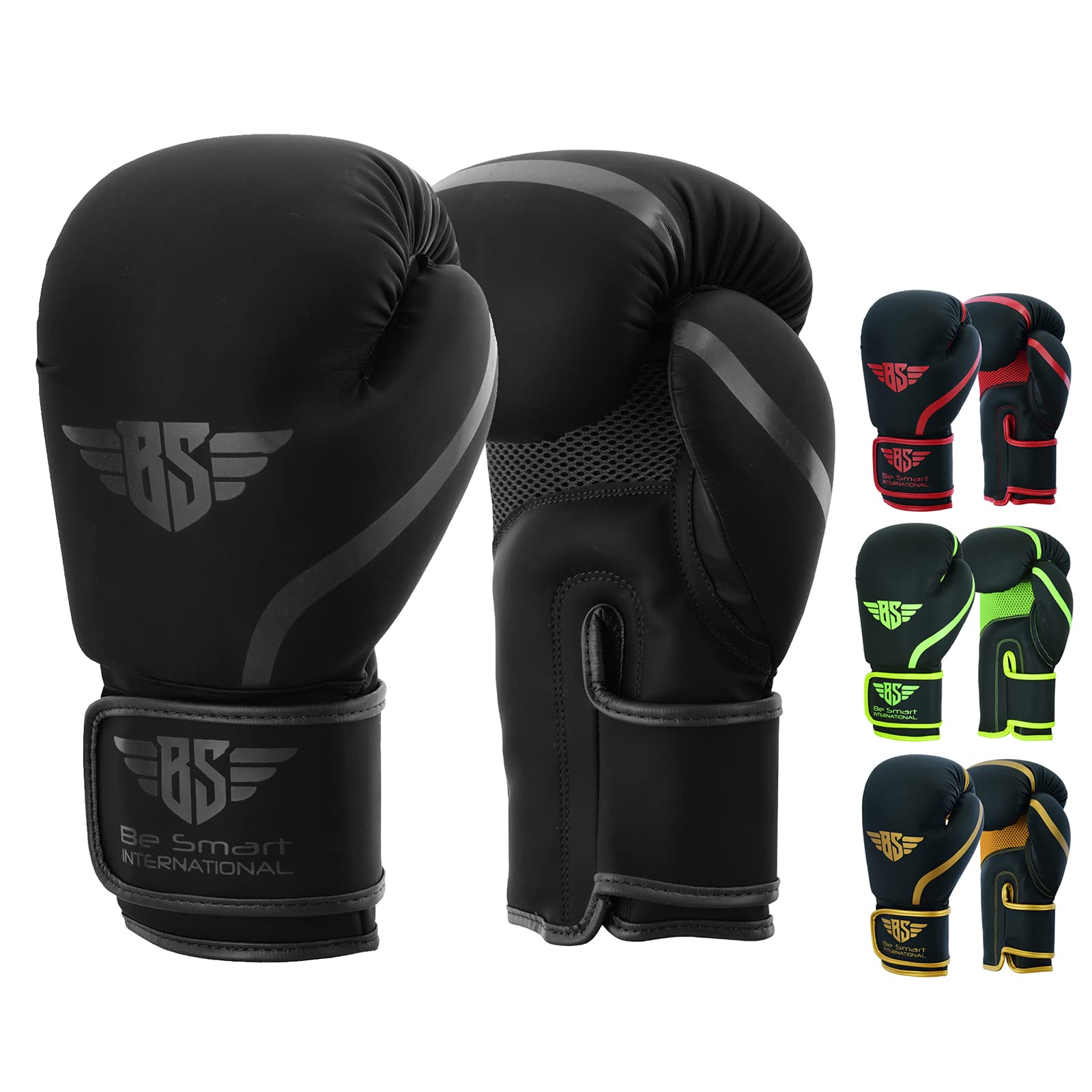 BES Smart® Professional Boxing Gloves For Adults Youth Kids Men and Women Mitts Leather Pro Gel Muay Thai MMA Kick Boxing Sparring Grappling Fighting & Training Punch Bag (6oz, Matte Black)