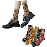 LONGSILVER Polka Dots Socks Leopard Print High Ankle Women Cotton 5 Pairs Double-Needle Double-Layer