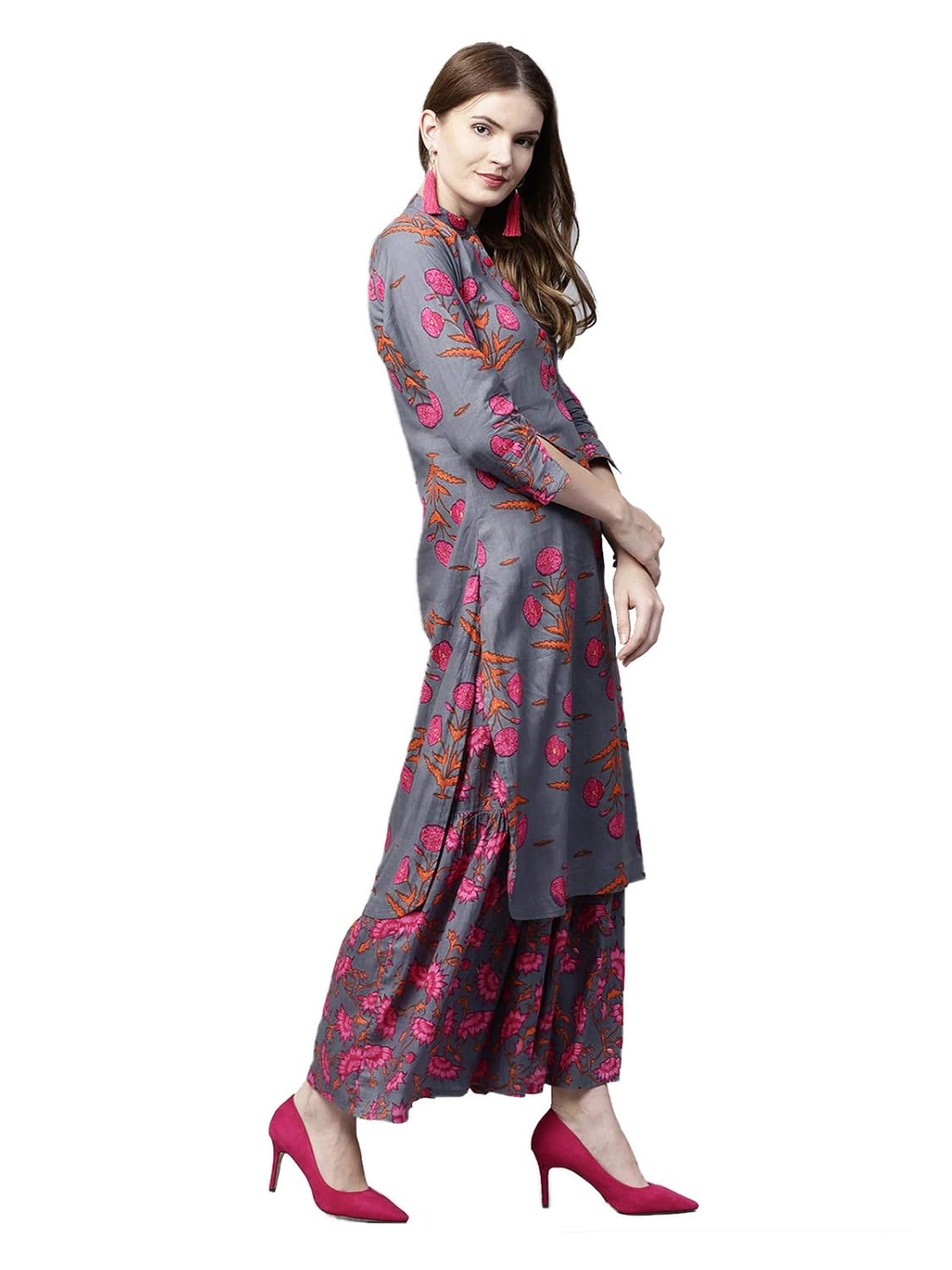ishin women's cotton blue printed a-line kurta palazzo sets