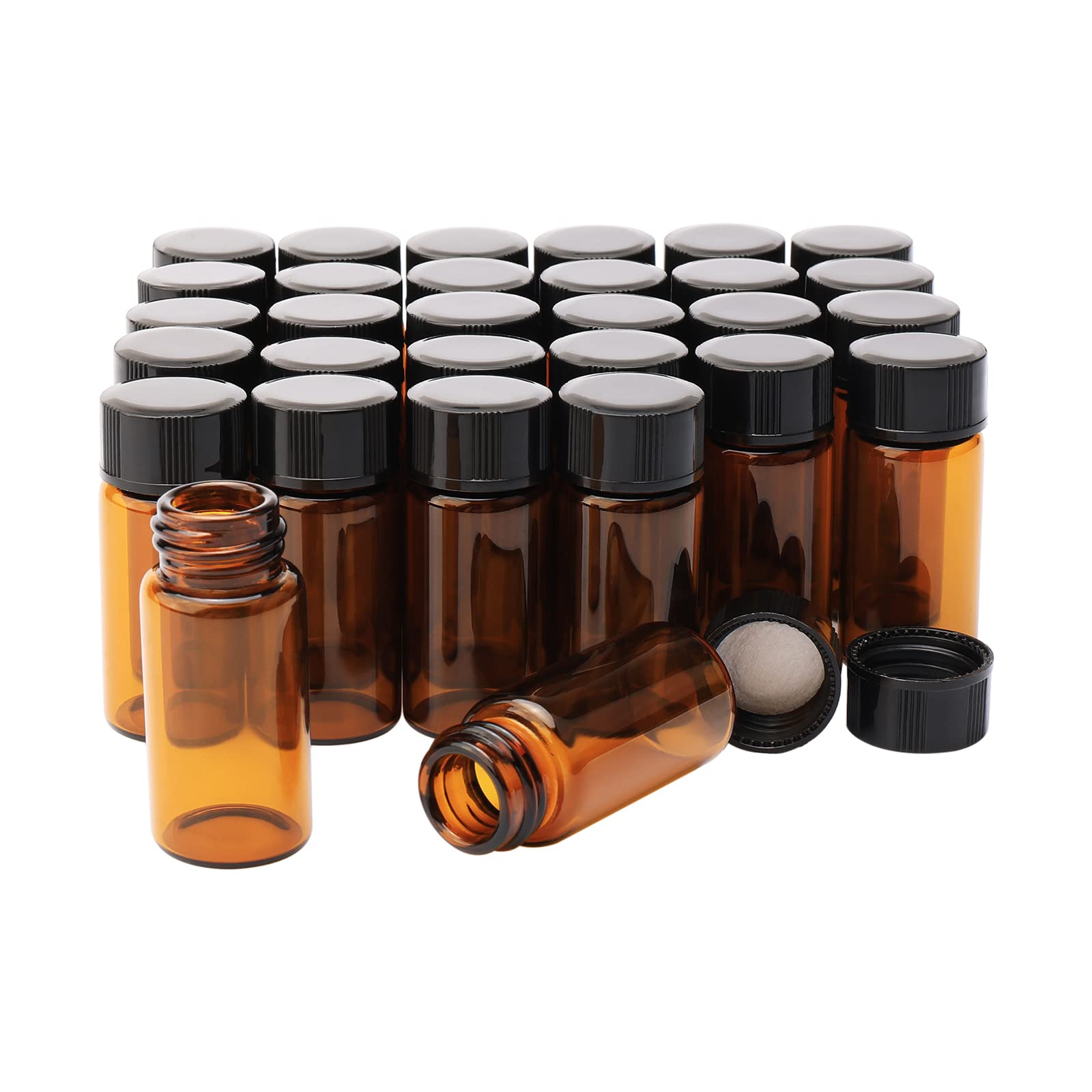 Unxuey 30pcs 5ml Brown Glass Bottles with Black Plastic Screw Cap Empty Vials Sample Jars