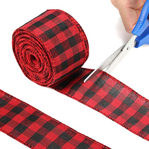 image for LINNIW LIINNIW 3 Rolls Christmas Wired Edge Ribbons, Black Red Plaid R