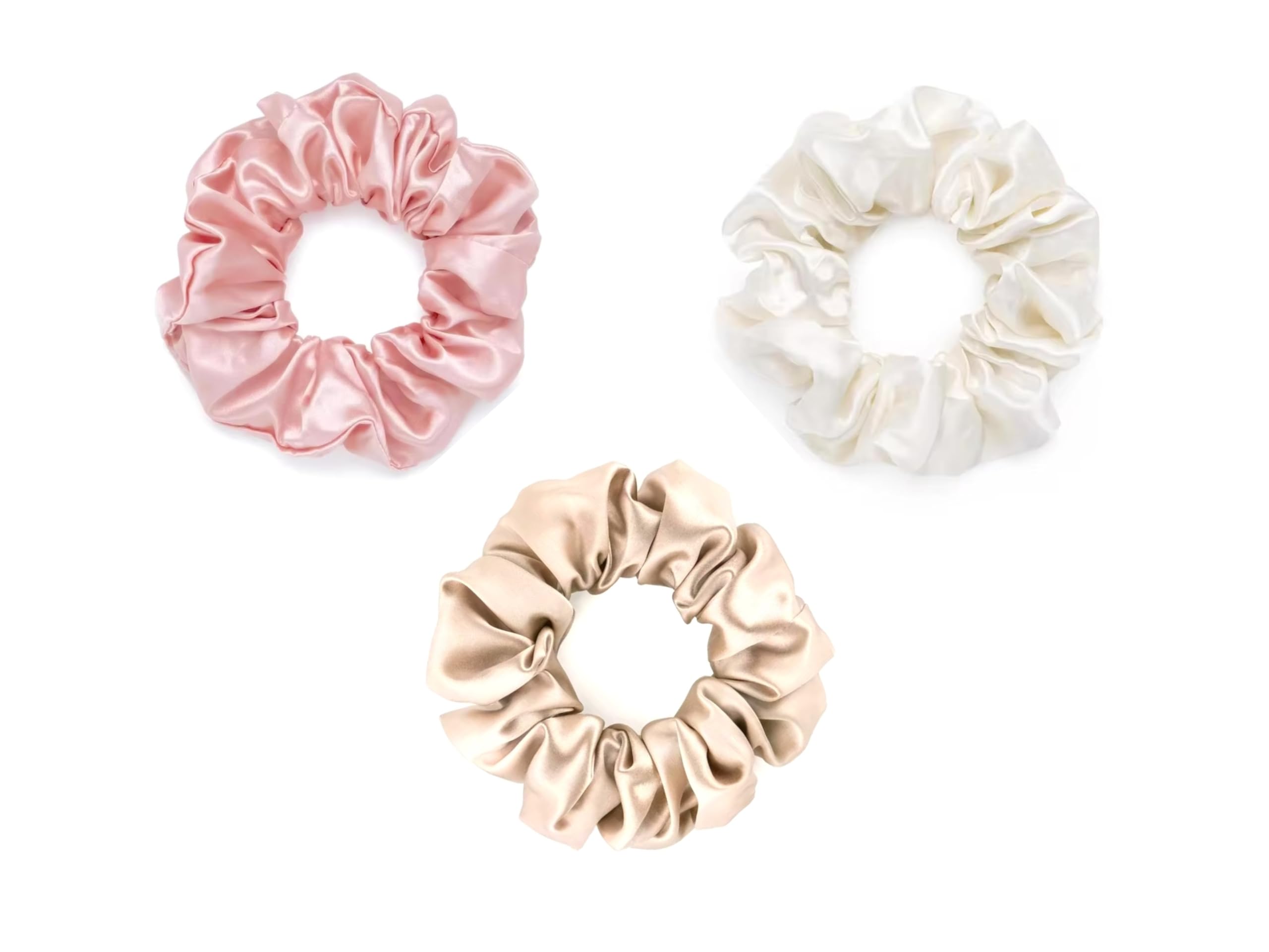 SXLK 100% Pure Mulberry Silk Hair Scrunchies (6A Top Grade) - Pack of 3 (PINK WHITE CHAMPAGNE) - Elastic Soft + Breatheable for Frizz + Breakage Prevention