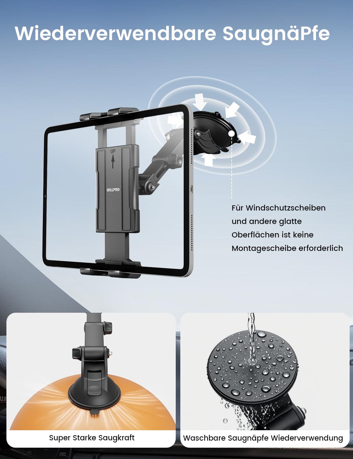 OHLPRO Tablet Halterung Auto, Saugnapf, Armaturenbrett & Scheibe, 5–13" 5