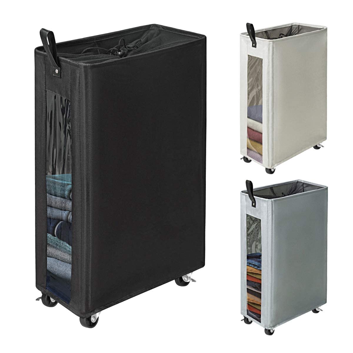 Photo 1 of **VERY USED**ZERO JET LAG 25 Inches Slim Laundry Storage Hamper - Large Rolling Clothes Hamper - Rolling Storage Bin - Tall Corner Basket - Clear Window Visible - Dirty Laundry Bin - (Black)