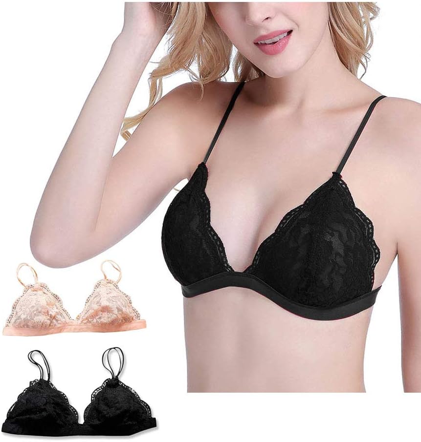 COCOPLAZA 2 Pack Floral Lace Sheer Triangle Unpadd Bralette Bra Bustier Wire Free Lingerie for Women