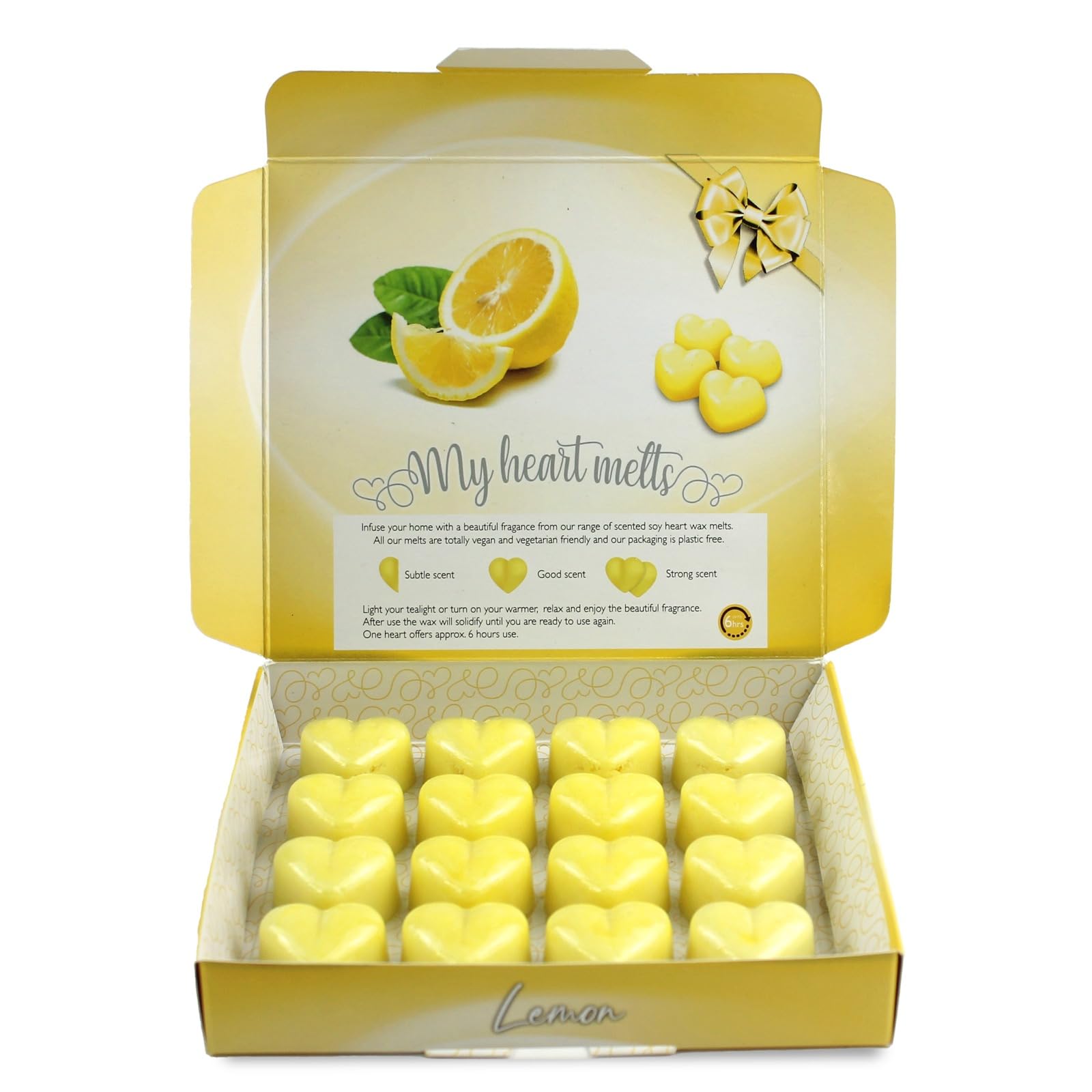 Lemon Wax Melts Heart Shaped - 16 Highly Scented Wax Melts in a Presentation Gift Box 3.2 OZ Pack, Natural Candle, Soy Wax Melt Cubes Shaped as Hearts