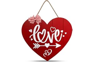 AMIATALO Valentines Day Door Sign, Heart Shaped Door Decoration Valentines Day Decor Front Door Sign with Ribbon Bow, Red Heart Wooden Wreaths Hanging Sign for Wedding Anniversary Home Outdoor Wall Decor
